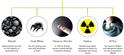 Air contamination in the home: Mould spores in household dust, dust mites, tobacco smoke linked to lung cancer, radon gas, Volatile organic compounds (VOCs) from sprays linked to headaches